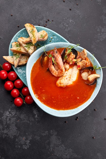 Sopa de tomate y mariscos, sobre un fondo oscuro, bullabesa