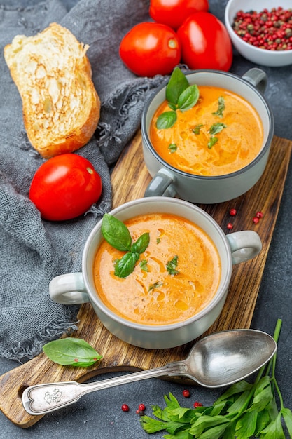 Sopa de tomate con nata y albahaca