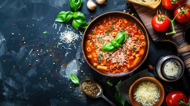 Sopa de tomate con pasta de albahaca y queso rallado en un cuenco oscuro