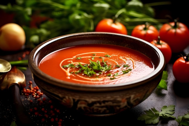 Sopa de tomate con perejil en un bol