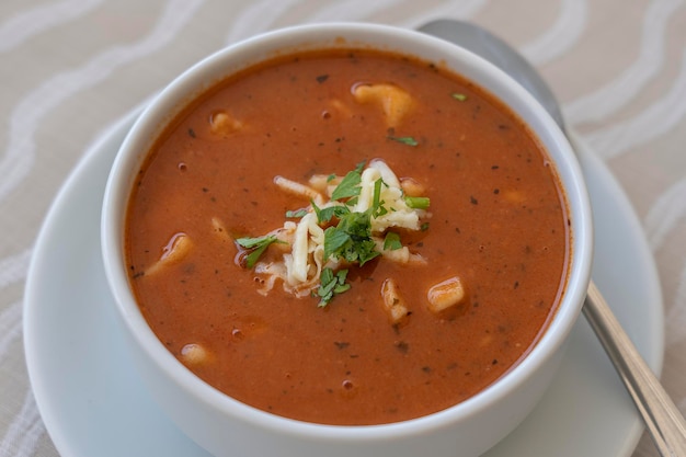 Sopa de tomate con queso y primer plano de perejil fresco