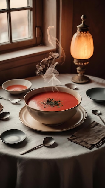 Sopa de tomate con verde en la mesa