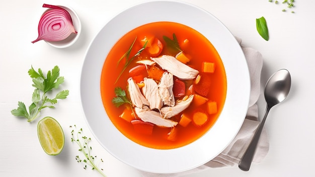 Foto sopa de tomate con zanahoria y pollo en blanco