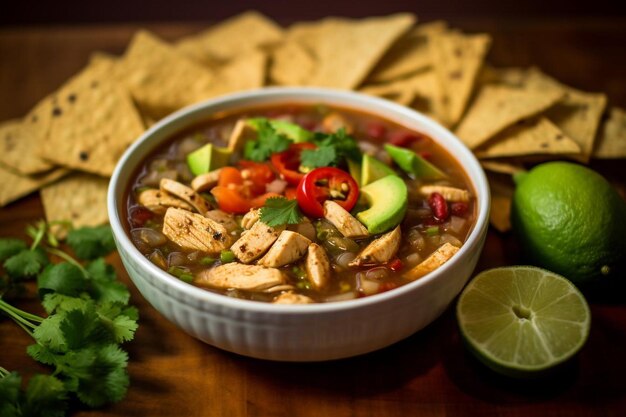 Sopa de tortilla de pollo con aguacate y lima