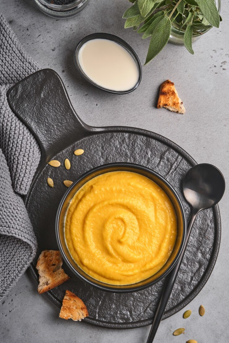 Sopa tradicional de abóbora com textura cremosa e sedosa com folhas de sálvia e pimenta vermelha em prato ou tigela preta. Antigo fundo cinza. Copie o espaço. Brincar. Vista superior, configuração plana.