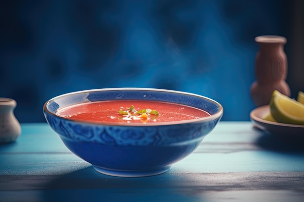 Sopa tradicional de gazpacho espanhol em tigela azul com ingredientes na mesa de madeira azul Ai generative