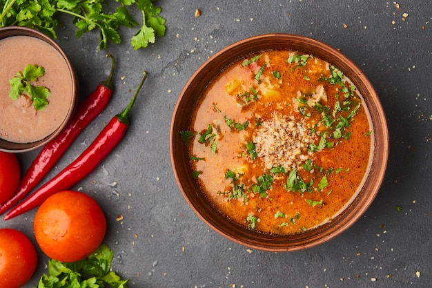 Sopa tradicional georgiana Kharcho com carne e arroz em fundo escuro de pedra