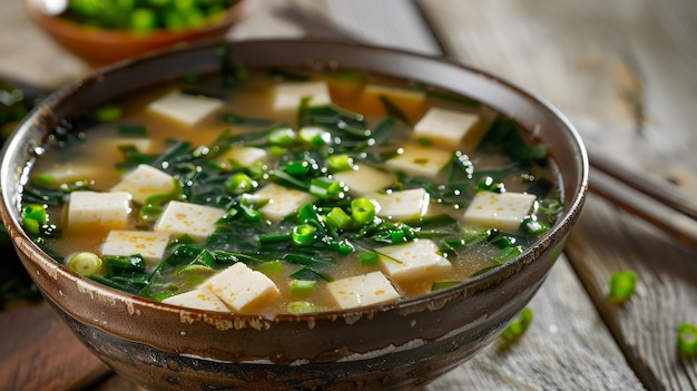 Sopa tradicional japonesa de miso com tofu e algas marinhas em uma tigela de cerâmica rústica em uma mesa de madeira