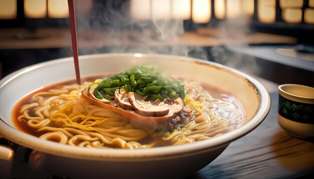 Sopa tradicional japonesa de ramen con caldo de carne Fideos asiáticos algas rebanadas huevos de cerdo y jengibre encurtido Comida asiática Deliciosa sopa caliente de ramen