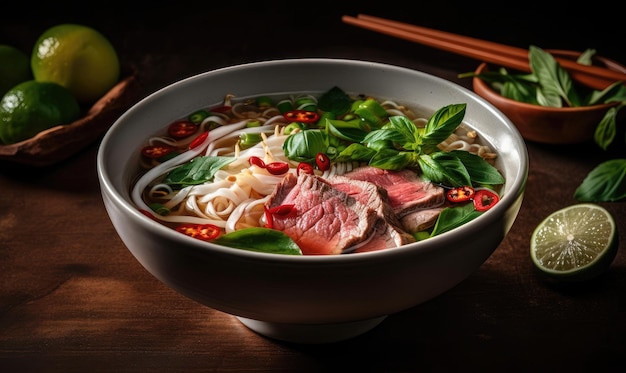 Sopa tradicional Pho Bo com macarrão de arroz de carne gengibre limão pimenta na tigela Close-up cozinha vietnamita e asiática generativa AI