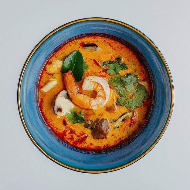 Sopa tradicional tailandesa de Tom Yum servida numa tigela de cerâmica rústica com guarnição de camarão