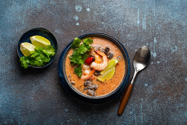 Sopa tradicional tailandesa picante Tom Yum com camarão e frutos do mar em tigela de cerâmica sobre fundo rústico de pedra azul de cima, prato clássico da culinária da Tailândia