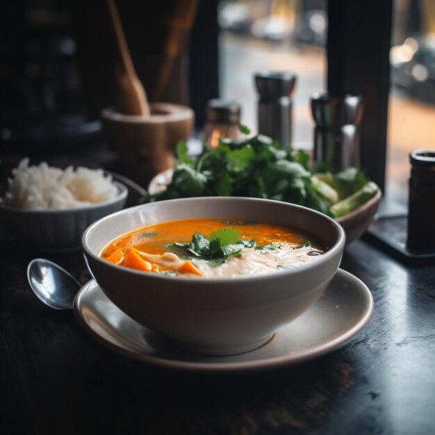 Foto sopa tradicional tailandesa de tom yum en una mesa de madera en un café al aire libre con ia generativa