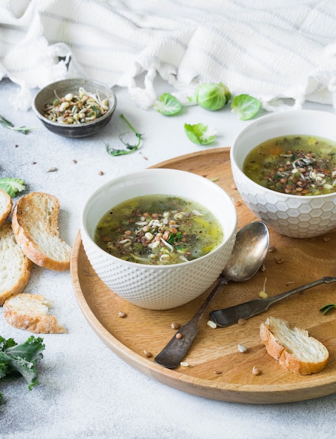 Sopa vegetal verde vegana de keil, coles de bruselas, calabacín, puerro con varias semillas germinadas y brotes con picatostes en bandeja de madera