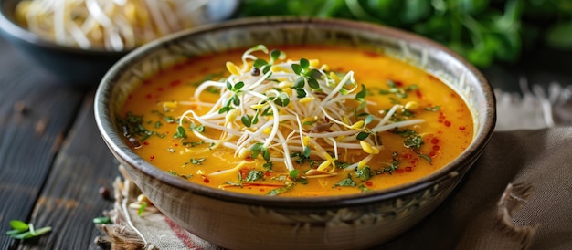 Sopa vegetariana de curry com brotos como acompanhamento