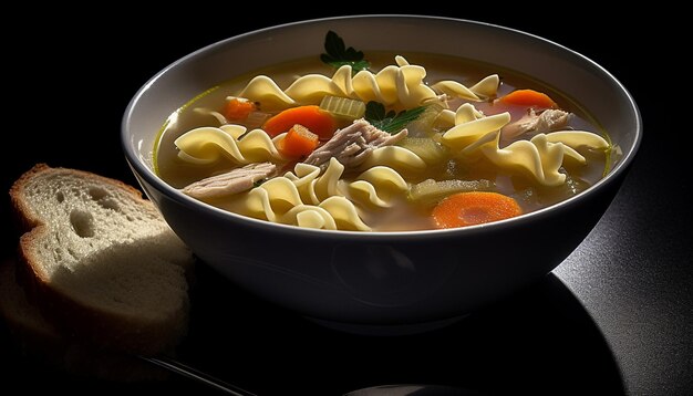 Sopa vegetariana saudável com macarrão de legumes e caldo caseiro gerado por inteligência artificial