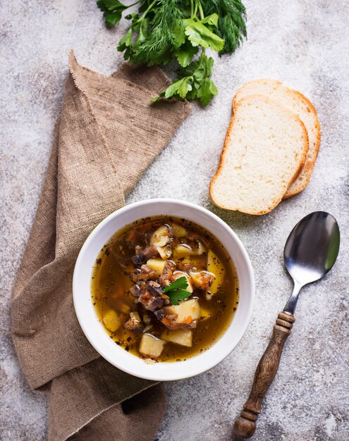 Sopa vegetariana con setas y verduras.