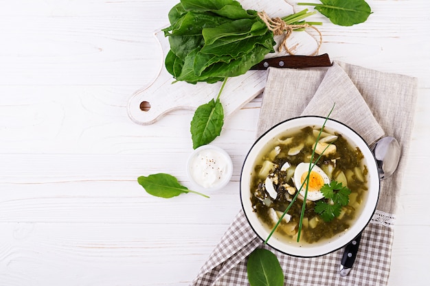 Sopa verde de azeda em tigela branca