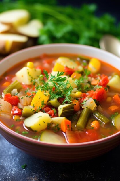 Una sopa de verduras abundante y saludable con trozos de verduras de colores y ramas de hierbas frescas en la parte superior