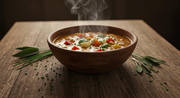 Sopa de verduras al vapor en un cuenco de madera