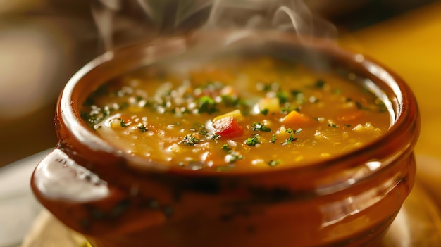 Sopa de verduras calientes y frescas en un tazón de cerámica La sopa está humeando y se ve deliciosa