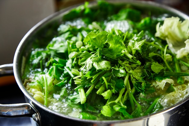 Sopa de verduras y carne de cerdo picada