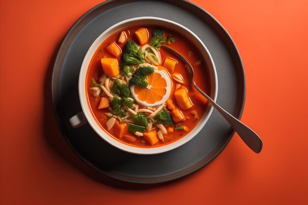 Sopa de verduras en un cuenco sobre un fondo de madera