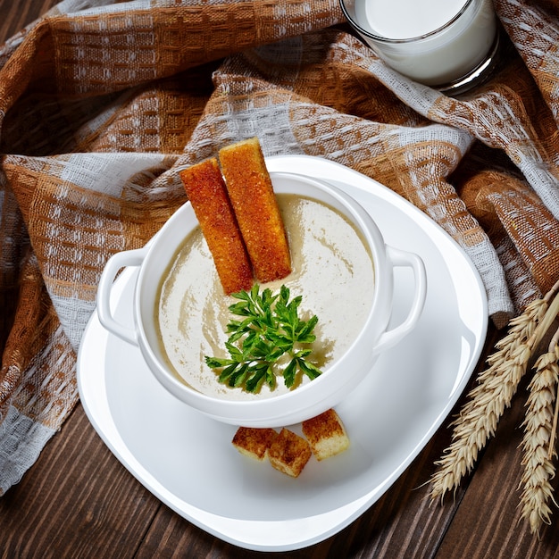 Sopa de verduras con especias y pan frito.