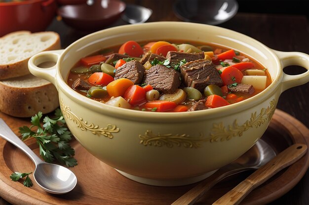 sopa de verduras frescas con estofado de ternera estofado