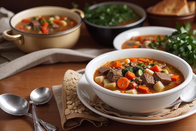 sopa de verduras frescas con estofado de ternera estofado