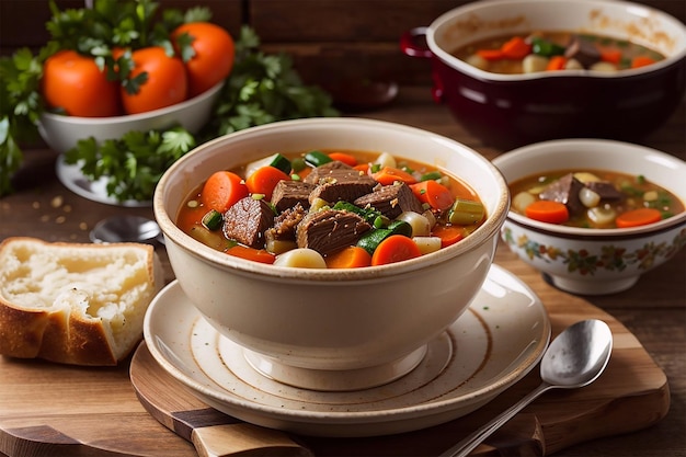 sopa de verduras frescas con estofado de ternera estofado