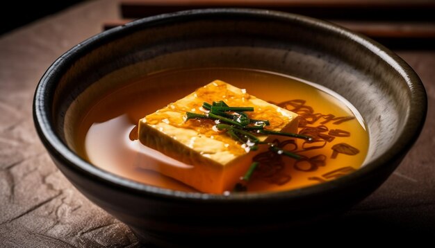 Sopa de verduras orgánicas frescas servida en un tazón de vajilla generado por IA