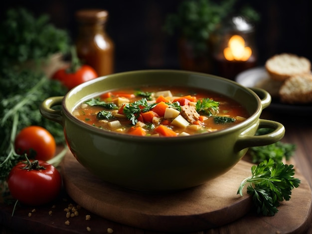 Sopa de verduras saludable cocinada con carne fresca