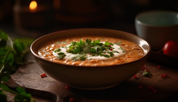 Sopa de verduras saludable con hierbas frescas y especias generada por IA