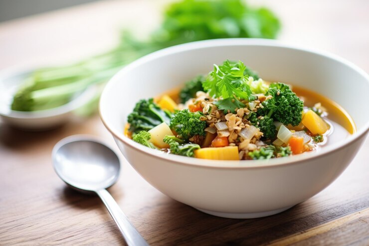Sopa de verduras vegana con quinoa y col rizada en un bol