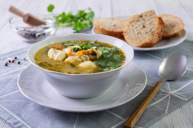 Sopa de verduras vegetariana con albóndigas en un plato de porcelana blanca Comida saludable y dietética Vegetarianismo Enfoque selectivo primer plano