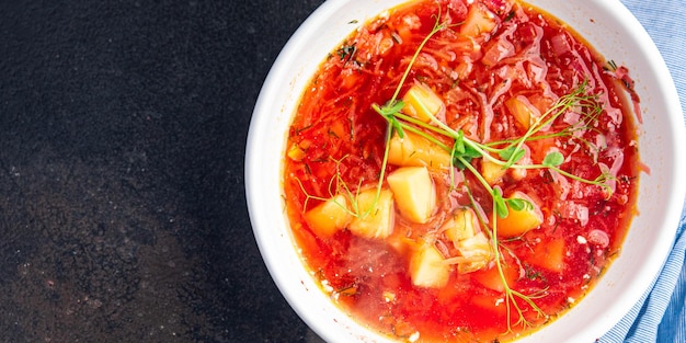 sopa vermelha borscht vegetal primeiro curso dietético refeição saudável comida dieta lanche na mesa