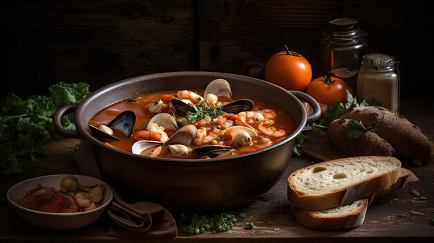 Sopa vermelha picante de cioppino com carne de amêijoa em um prato preto e fundo desfocado