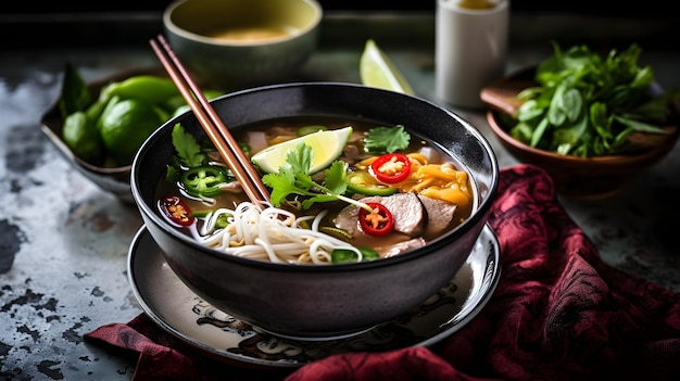 Sopa vietnamita Pho Bo con carne de res y fideos de arroz en un fondo oscuro generado por la IA