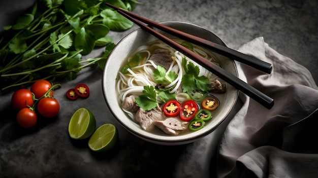 Sopa vietnamita Pho Bo com carne bovina e macarrão de arroz em fundo escuro gerado por IA