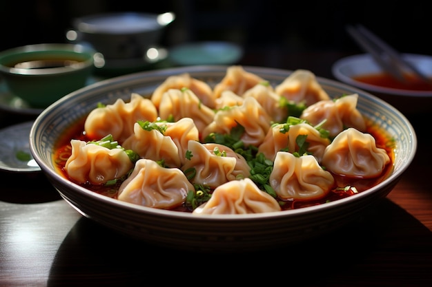 Sopa wonton con aceite de chile y cebolla verde