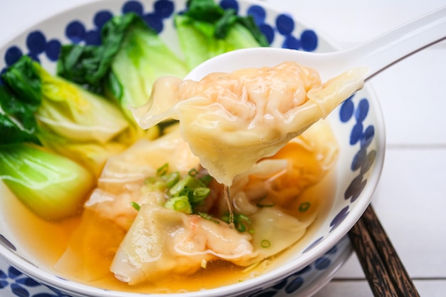 sopa wonton caseira com bok choy