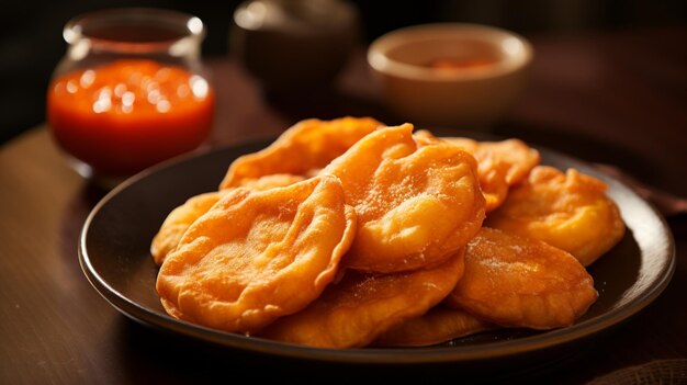 Foto sopaipillas pasteles fritos a base de calabaza con salsa de pebre