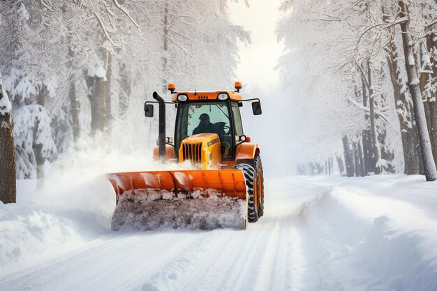 Foto soplador de nieve naranja en un camino cubierto de nieve