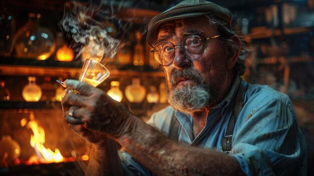 Foto el soplador de vidrio que hace un vidrio calentando y remodelando en el taller