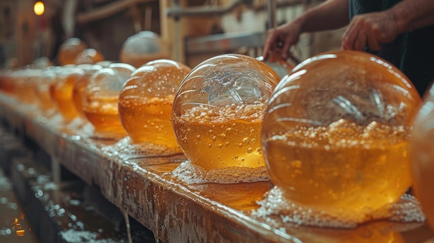 Sopladores de vidrio formando un hermoso arte en un taller caliente habilidad y belleza