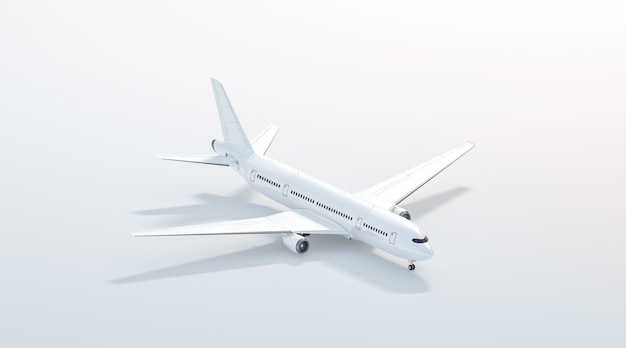 Soporte de avión blanco en blanco, vista lateral aislada, representación 3d. Plantilla isométrica de avión de aire llano claro. Modelo de avión avia vacío para la marca de diseño de logotipo.