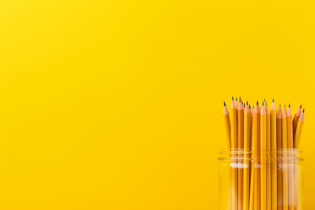 Un soporte para bolígrafos y lápices en el escritorio sobre un fondo amarillo con espacio para copiar