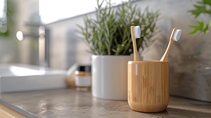 Un soporte de cepillo de dientes de bambú con cepillos de dientes en un mostrador de baño plantas en el fondo