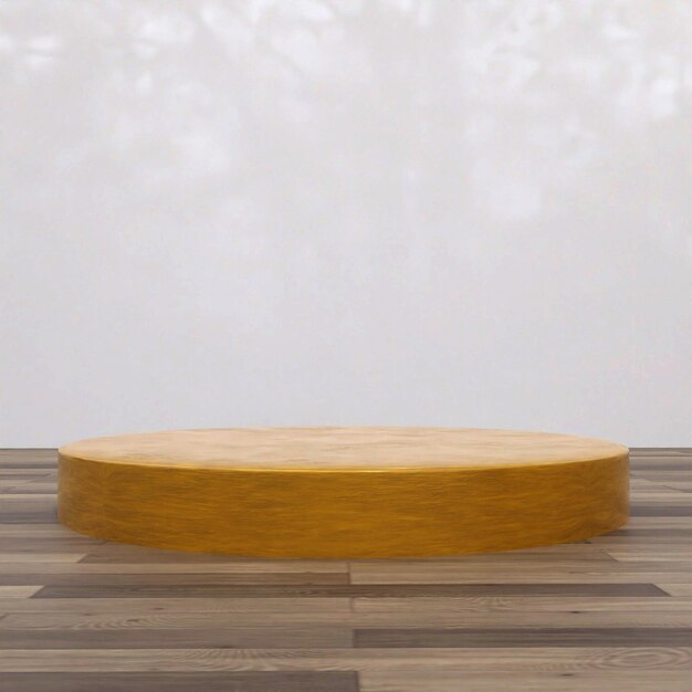 Soporte circular dorado con fondo blanco y suelo de madera.